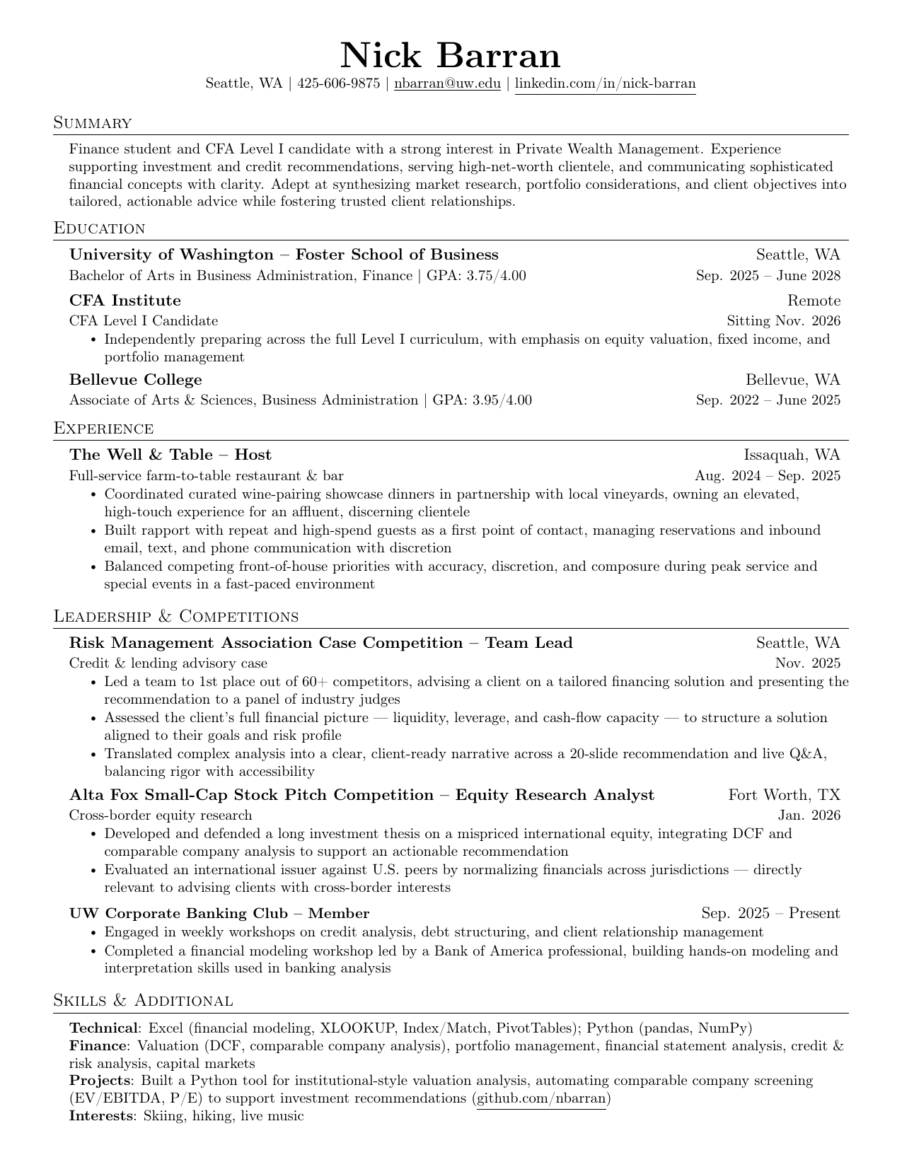 Resume of Nick Barran, one page.